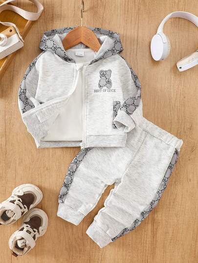 6-24 Months Baby & Toddler Boys/Unisex Autumn/Winter Hooded Long Sleeve Zip-Up Sweatshirt + Pants 2-Piece Set, Bear Embroidery & Print Pattern, Casual & Cute Outfit For Everyday & Outdoor Wear Baby Sportswear Baby Set Autumn Winter Season Baby Tracksuit Baby Casual Sets Baby Boy Hoodie Set