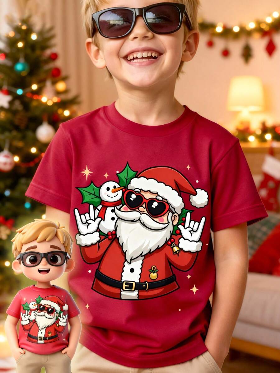 SHEIN Tween Boy Christmas Short Sleeve Graphic T-Shirt, Casual Fashionable Cute Santa Claus Print Red Tee, Versatile Daily Wear For Young Students
