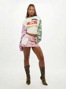 SUMWON WOMEN Deconstructed Pink Denim Mini Skirt Frayed Hem Casual Streetwear Fashion Summer Festival - Pink - View 3