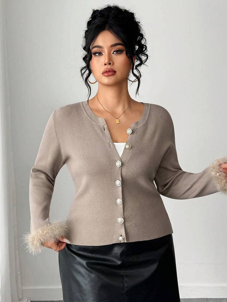 Dazy Plus Plus Size Casual/Work Fuzzy Cuff Button Front Sweater, Autumn/Winter
