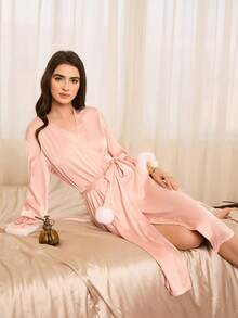 Moireta Elegant French Palace Style Pink Patchwork Fringed Women's Robe Night Gown Women Set Home Wear Women Pink Silk Pajamas Set Pajamas Gown For Woman Sleep Wear Women Silk Sleepwear Women Silk Pajamas Gown For Women Winter And Fall Vintage