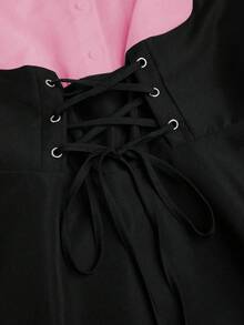 Sweetra 加大码 U 领纯色撞色锁孔前抽绳 A 字长袖衬衫荷叶边上衣 - 彩色 - 查看 5