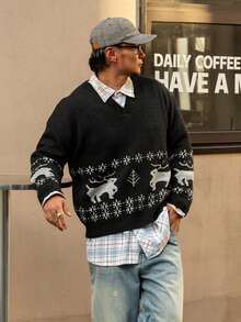 DAZY Men's Reindeer & Christmas Pattern Jacquard Design Sweater, Christmas Style, Autumn/Winter