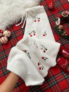 Comfortcana 女士休闲樱桃刺绣针织裤，秋冬 - 白色 - 查看 1