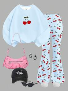 SHEIN Leap Crew Cute Mini Cherry Print, Tween Girls Knit Crew Neck Letter Graphic Loose Sweatshirt And Flare Pants Casual 2 Pieces Set - Multicolor - View 2
