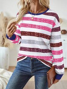 女士圆领长袖条纹休闲上衣，印花T恤，适合春季和圣诞节穿着。 - 彩色 - 查看 5