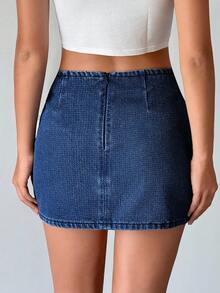 Siren Gaze Damen Hoher Bund Faux Tasche Design Gerade Jeans Rock - Mittele Waschung - Übersicht 2