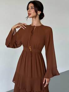 Firerie 女士优雅浪漫度假波西米亚风日常褶皱荷叶边串珠领带雪纺透明长袖高腰棕色长裙 - 棕色 - 查看 3