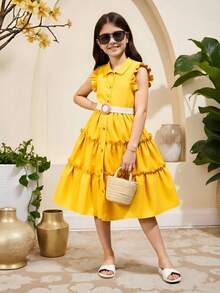 Tween Girl Ruffled Collar Midi Dress With Woven Waist Belt,Holiday,Summer,Travel - Yellow - View 3