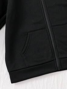 女童可爱甜美花卉蝴蝶结印花双层拉链口袋宽松夹克，休闲百搭，秋冬 - 黑色 - 查看 7