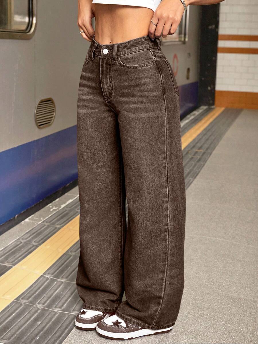 SHEIN PETITE Women's High Waist Pocketed Wide Leg Loose Casual Versatile Jeans - Coffee Brown - View 1