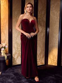 MOTF Soiréza WOMEN'S VELVET BANDEAU PROM DRESS - Burgundy - View 6