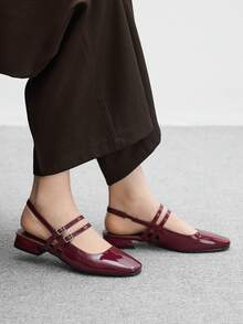 CUCCOO BIZCHIC 女士方头平底玛丽珍鞋，酒红色，简约设计，带系带，休闲、通勤、约会、派对、度假 - 酒紅色 - 查看 5