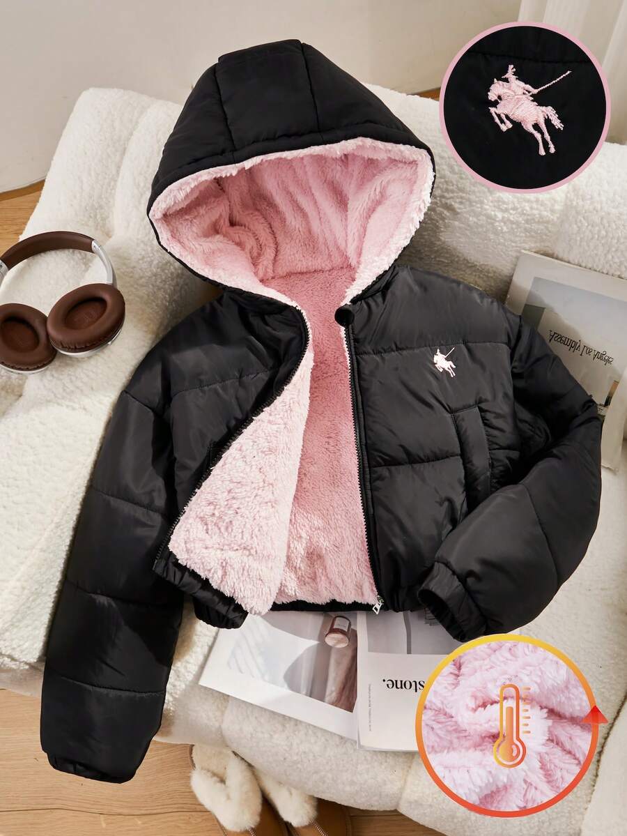 SHEIN 少女休闲短款连帽棉衣，保暖内衬，宽松版型，舒适，适合秋冬季日常穿着、户外、派对、拍照 - 黑色 - 查看 1