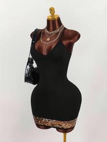 Amplova 别致豹纹网眼拼布细肩带甜心胸围交叉后背性感迷你紧身连衣裙 - 黑色 - 查看 1