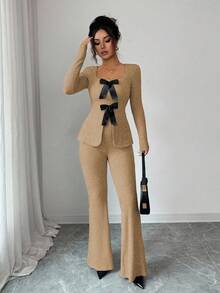 Elenzga Women's Elegant Cloud-Like Fleece Ribbed Bowknot Collar Long Sleeve Cinched Waist Top And Flare Pants 2 Pieces Set - Khaki - View 4
