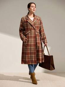 Momelise Plus Size Women Plaid Waist Strap Cinched Waist Pocket Casual Jacket, Autumn/Winter