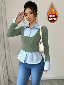 Elenzga French Stylish 2 In 1 Collared T-Shirt With Contrast Panel, New Design Niche For Spring & Autumn Graphic Tees Women Tops - Army Green - View 1