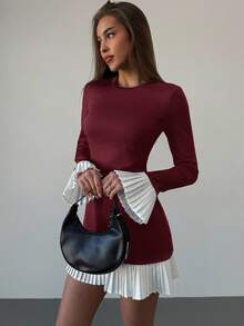 Aloruh Vestido midi elegante de mujer con mangas acampanadas y plisadas en bloque de color para uso diario - Burdeos - Ver 7