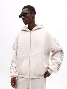 SUMWON Oversized Full Zip Hoodie With Script Print Casual Streetwear Sweatshirt,Suitable For Outdoor Music Festivals, Nightclubs, Bars, Boyfriend/Husband Gift, Anniversary Gift, Men Oversized Hoodie, Men Graphic Hoodie - White - View 6