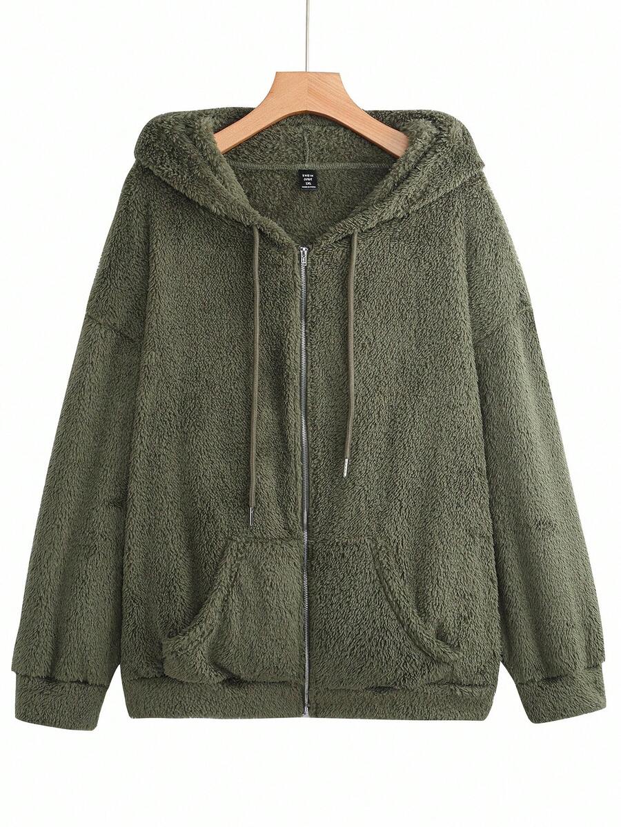 SHEIN LUNE 大码女式纯色落肩长袖蓬松休闲连帽夹克，秋冬 - 軍綠色 - 查看 1
