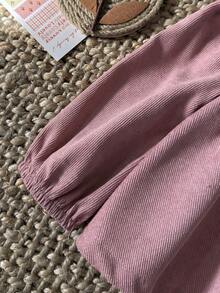 SHEIN 2 pezzi/set Vestito da bambina neonata/bambina piccola 0-3 anni, stile casual di campagna, camicia in maglia con colletto Peter Pan e outfit in velluto a coste color cachi, autunno/inverno