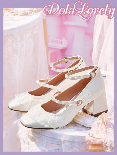 Dola Lovely Women's Fashion Contrast Lace Faux Pearl Decor Ankle Strap High Heel Pumps, Suitable For Lolita Style