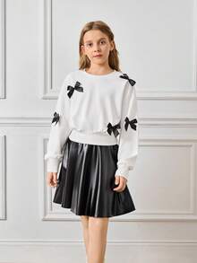 2pcs Tween GirlsElegant Sweatshirt Top Paired With Coated Mini Skirt, Autumn - Black and White - View 3