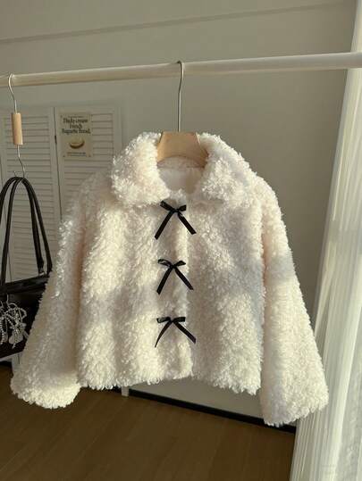 SHEIN Tween Girl' 白色人造毛领蝴蝶结装饰夹克，可爱，冬季