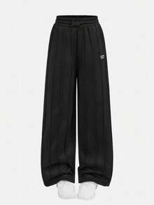 SHEIN Tween Girl Casual Street Style Ruched U-Neck Long Sleeve Ribbed Knit Fitted T-Shirt And Pleated Wide Leg Sweatpants Set, Suitable For Home, Outdoor, School, Black Pants And Top Set Young Girls Casual Versatile A Effect Jumpsuit Pant 15 Years Old Girls Pants Suit - Black - View 10
