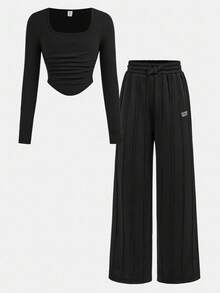 SHEIN Tween Girl Casual Street Style Ruched U-Neck Long Sleeve Ribbed Knit Fitted T-Shirt And Pleated Wide Leg Sweatpants Set, Suitable For Home, Outdoor, School, Black Pants And Top Set Young Girls Casual Versatile A Effect Jumpsuit Pant 15 Years Old Girls Pants Suit - Black - View 11