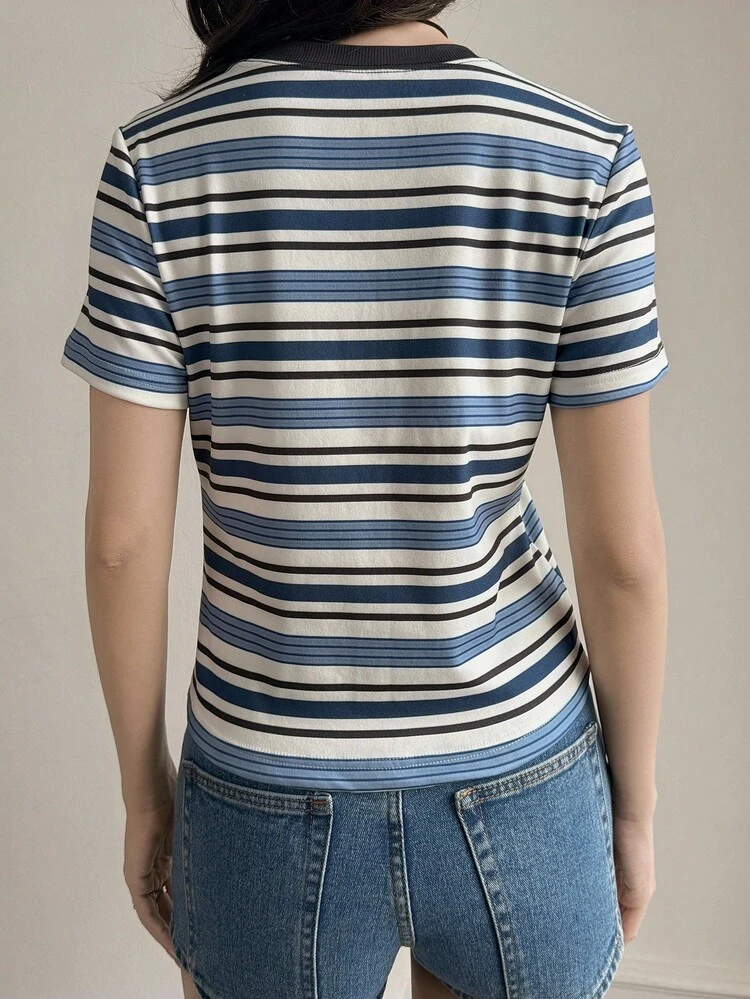 Women's Casual Contrast Color Striped Round Neck Short Sleeve T-Shirt