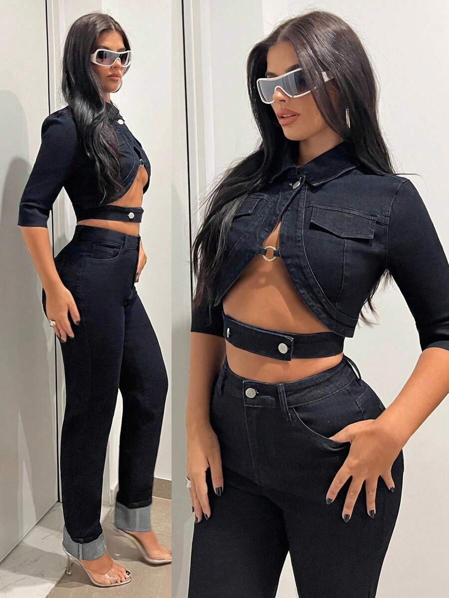 SHEIN Unity 女式短袖单排扣时尚性感牛仔上衣 - 藍色 - 查看 1