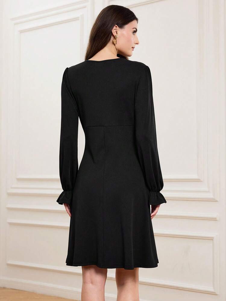 Women's Solid Color Contrast Lace V-Neck Long Sleeve Elegant Mini Dress