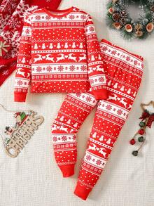 SHEIN 青少年女孩万圣节图案针织圆领上衣和紧身裤两件套睡衣套装 - 紅色 - 查看 2