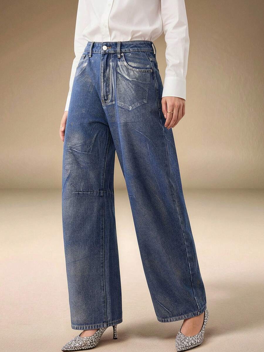 SHEIN Frenchy Damen Jeans mit Metallic-Effekt, locker geschnitten, Lässig, Tapered Bein - Blau - Übersicht 1