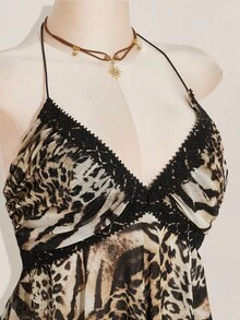 SHEIN ICON Áo ba lỗ nữ họa tiết da báo Y2K cổ yếm lưới vá bất đối xứng cỡ lớn - Nhiều màu - Xem 6