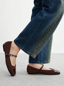 CUCCOO BIZCHIC Women's Elegant Mary Jane Flats With Buckle Strap, Square Toe, Beige And Gold Color For Christmas