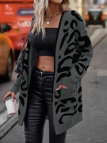 EMERY ROSE Women's Leopard Print Long Sleeve Casual Loose Knit Cardigan, Autumn/Winter - Multicolor - View 4