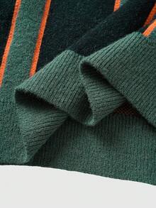 ROMWE MEN Men's Casual Preppy Colorblock Striped Letter Pattern Sweater, Autumn/Winter - Army Green - View 5