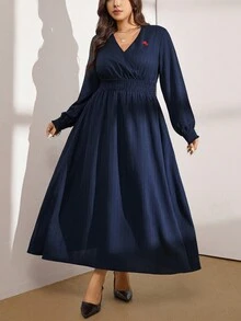 Zelara 大码秋季服装全印花褶皱豹纹长袖连衣裙/秋季连衣裙/秋季女装秋季婚礼宾客连衣裙优雅女士连衣裙商务休闲女士工作连衣裙商务连衣裙 - 藏蓝色 - 查看 1