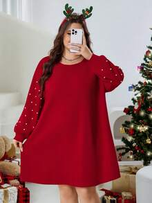 SHEIN CURVE+ Plus Size Women's Loose Dropped Shoulder Red Dress, Suitable For Autumn/Winter And Christmas