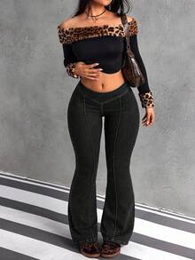 SHEIN EZwear 大码休闲水洗低腰喇叭牛仔裤 - 黑色 - 查看 3