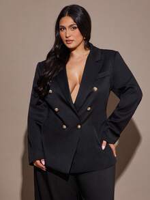 SHEIN BAE Plus Size Women's Solid Color Lapel NeckLong Sleeve Double-Breasted Fashion Blazer - Black - View 3