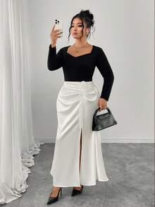 SHEIN Elenzya Falda de cola de pez con abertura alta, elegante, con pliegues y flores 3D en unicolor para tallas grandes - Blanco - Ver 6