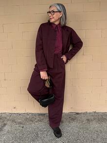 Vivie Lora 女士复古棕色外套和裤子两件套家居服套装 - 棕色 - 查看 7