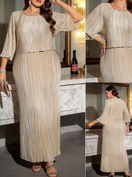 Reflora Curve Plus Size Women's  Elegant Party Gold Metallic Round Neck  Ruffle Pleated Dress,Shiny Gold, Elegant Dress,Curvy Plus Size Women's Gold High-Quality Shiny Metallic Fabric  Dress, Long Sleeve Gold, Dress,Pleated Dress,, Formal Dress For Women ,Saudi National Day Clothing , Saudi National Day Dress, New Year Dress , New Year Women's Clothes , New Year Look ,Long Party Dresses , Elegant Dresses For Party , Curvy Party Dresses,Going Out ,Graduation Dress For Women ,Long Graduation Dress , Graduation Guest Dress , Elegant Long Graduation Dress , Ball Gown , Prom Dresses For Women , Formal Ball Gowns For Women , Prom Dress Plus Size,Sparkly Dress ,Gold Metallic  Dress,Night Out,Date Night Outfits Women,Mother Of The Bride Dresses For Wedding,Formal Dresses For Women ,Luxury Dress,Chic Evening Dress ,Gold Formal Dress For Women,Suitable For Spring And Autumn Mother Of The Bride Dress Plus Size Plus Size Evening Gown Bronze Dress Champagne Formal Dress Gold Plus Size Formal Dress