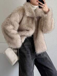 FRIFUL 女士超大翻领落肩长袖宽松休闲蓬松外套，适合秋冬季节穿着的百搭女式外套 - 杏色 - 查看 7