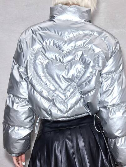 ROMWE Avant Women's Y3k Quilted Heart Cropped Silver Padded Coat