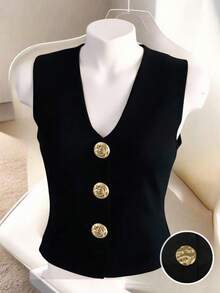 Franclia Women's Casual Solid Color Shoulder Fitted Metal Button Sleeveless Knit Vest, Autumn/WinterWomen's Autumn Clothingautumn Fall Clothes For Women Fall Autumn Clothes Fall Outfits For Women Autumn Outfits For Women Fall Clothes Autumn Women  Fall Women Clothes Autumn Clothing Elegant Fashionable Casual Commuting Business Office Daily Leisure All-Match Temperament Urban Teacher Professional Attire